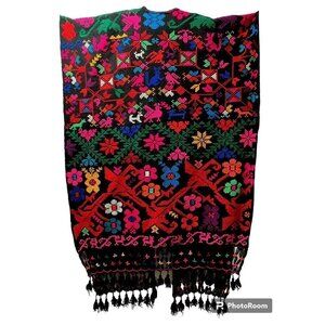 Mexican Cape OS Shawl Flowers Birds Animals Bugs Fringe Hand Knit Embroidered